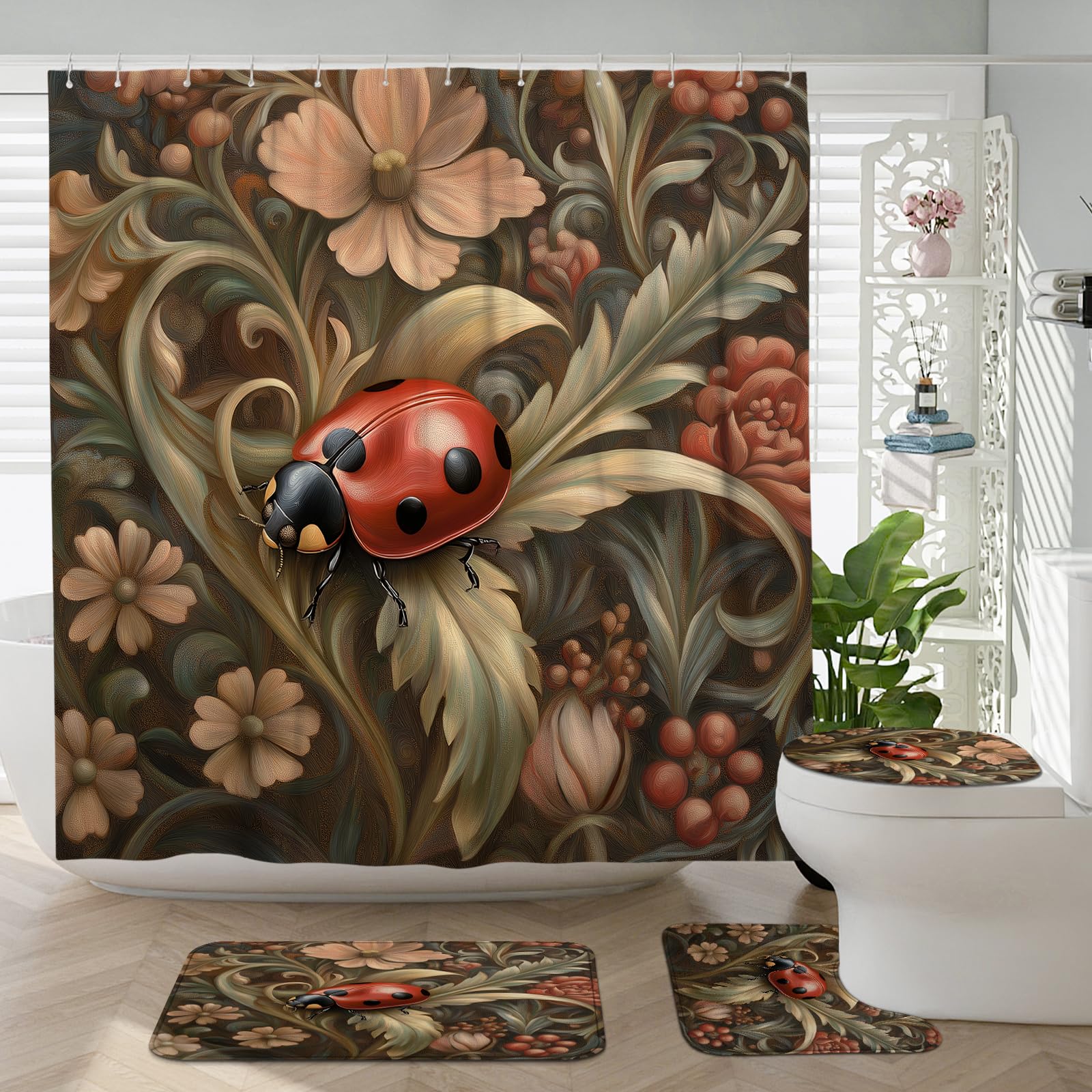 4PCS Aesthetic Retro Ladybug Bathroom Accessory Sets with Non-Slip Rug, U Shape and Toilet Lid Cover Mat, Baroque Vintage Insect Bathroom Fabric Decor-72''x72''