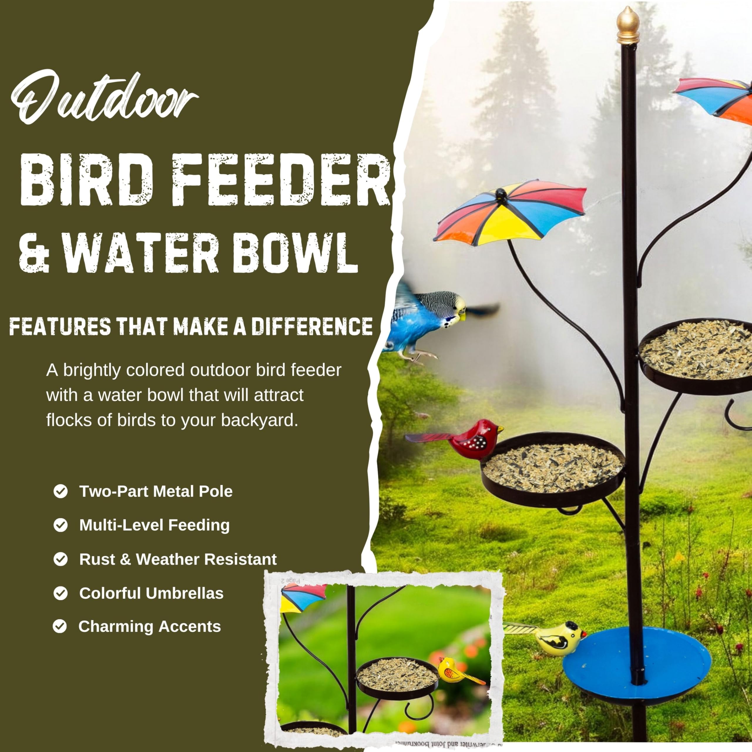 Kraftskala Outdoor Bird Feeder with Water Bowl & Two Seed Trays, Rust-Resistant 2-Part Metal Pole – Perfect Garden or Backyard Decor for Bird Watching and Feeding 1