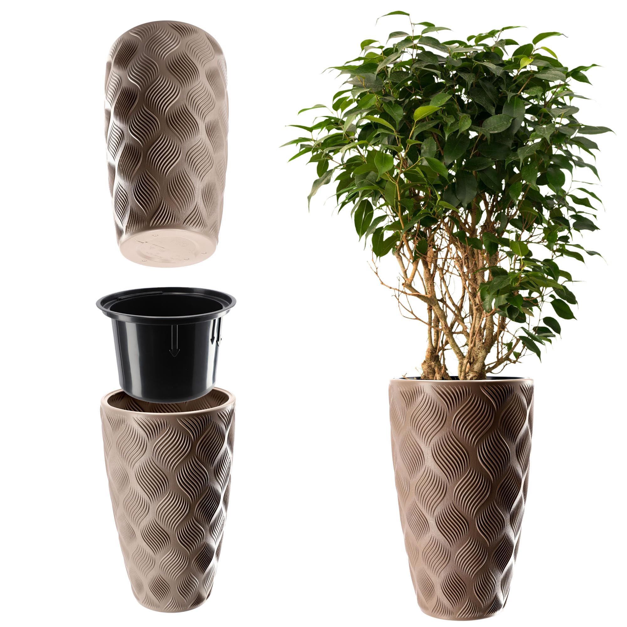 KADAX Vaso da Fiori Con Inserto e Manici in Plastica - 5 Misure, Resistente ai Raggi UV e Intemperie, Effetto 3D (Beige, Altezza: 58,​5 cm)
