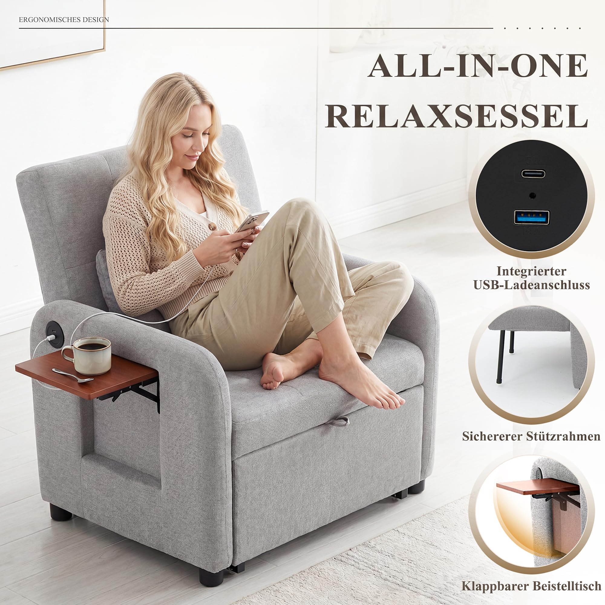 COLAMY Verwandelbarer Schlafsessel Stoff Futon Sofa Bett, Einzel Schlafsofa mit USB Anschluss, klappbarem Tisch, Kissen und Verstellbarer Rückenlehne für Wohnheim, Schlafzimmer, Hellgrau