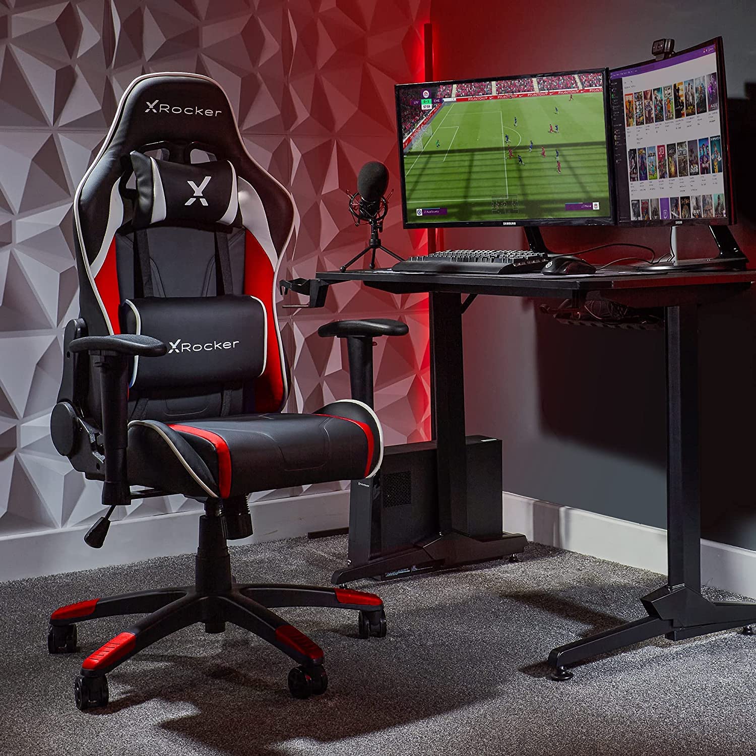 X-Rocker Agility Gaming Stuhl, Racing Computerstuhl für Kinder und Jugendliche, Drehbarer Bürostuhl, ergonomischer PC-Stuhl, Kopfstütze und Lordosenstützkissen, höhenverstellbar – Rot/Schwarz