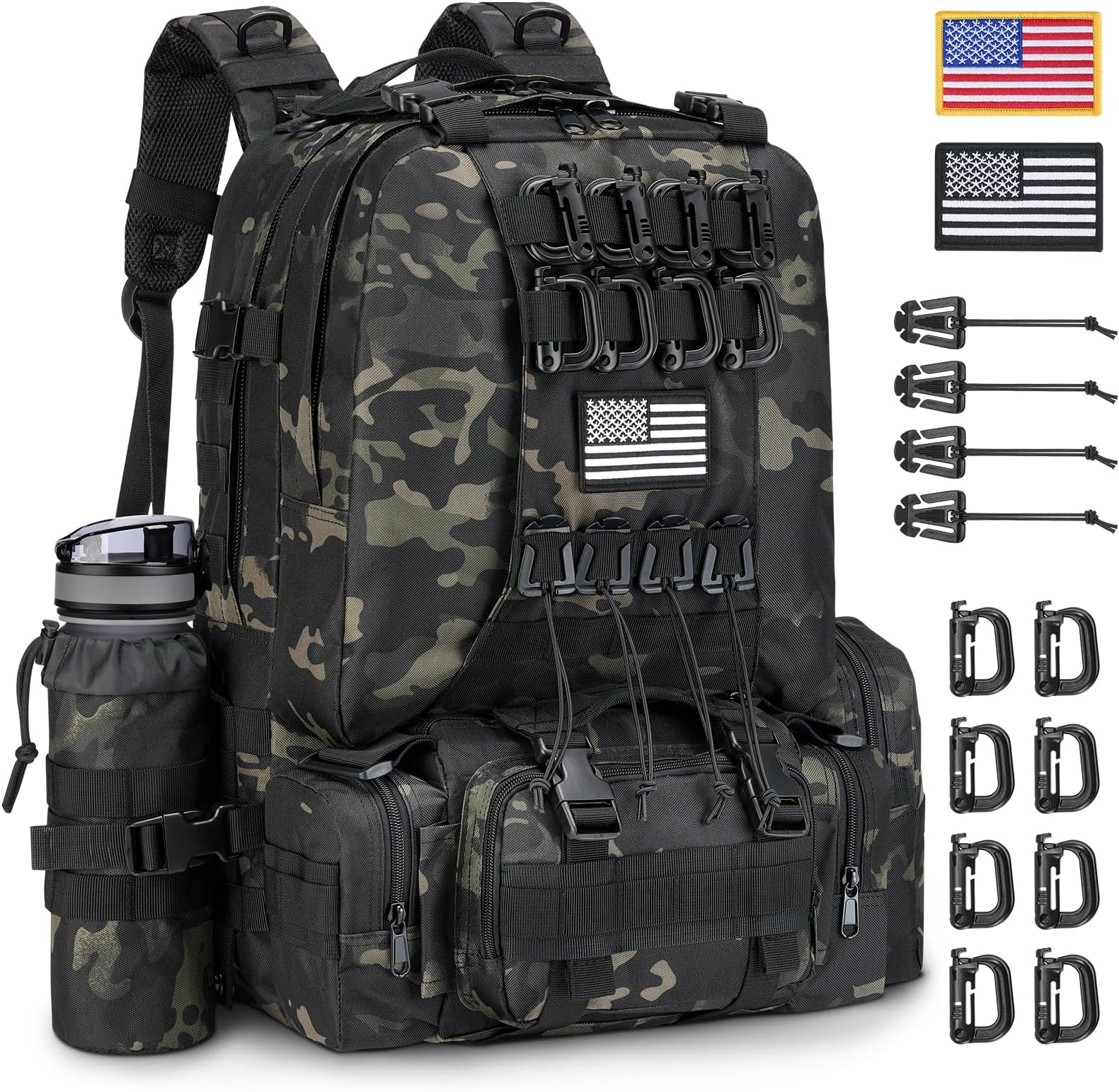 EZshootTactical Backpack for Men 60L Large Tactical Military Backpack Army Assault Pack Bug Out Bag Molle Bag with Water Bottle Holder for Outdoor Hiking Camping Hunting Detachable Rucksack Black CP
