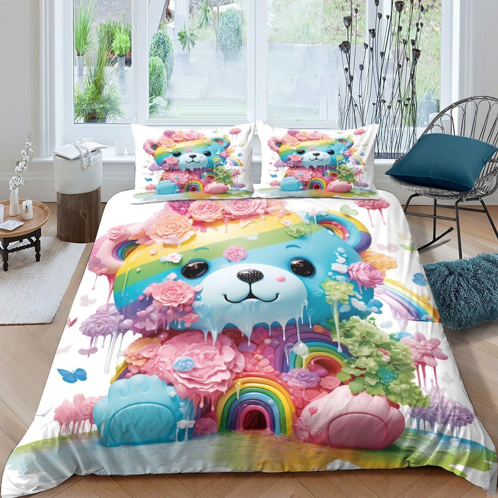 Ctjqhvkz Style-10 3D Printed Rainbow Bear Fitted Sheet Microfiber Soft Pastel Clouds Bed Cover For Bedroom Dorm Mattress Protection Decor Single（135X200cm）