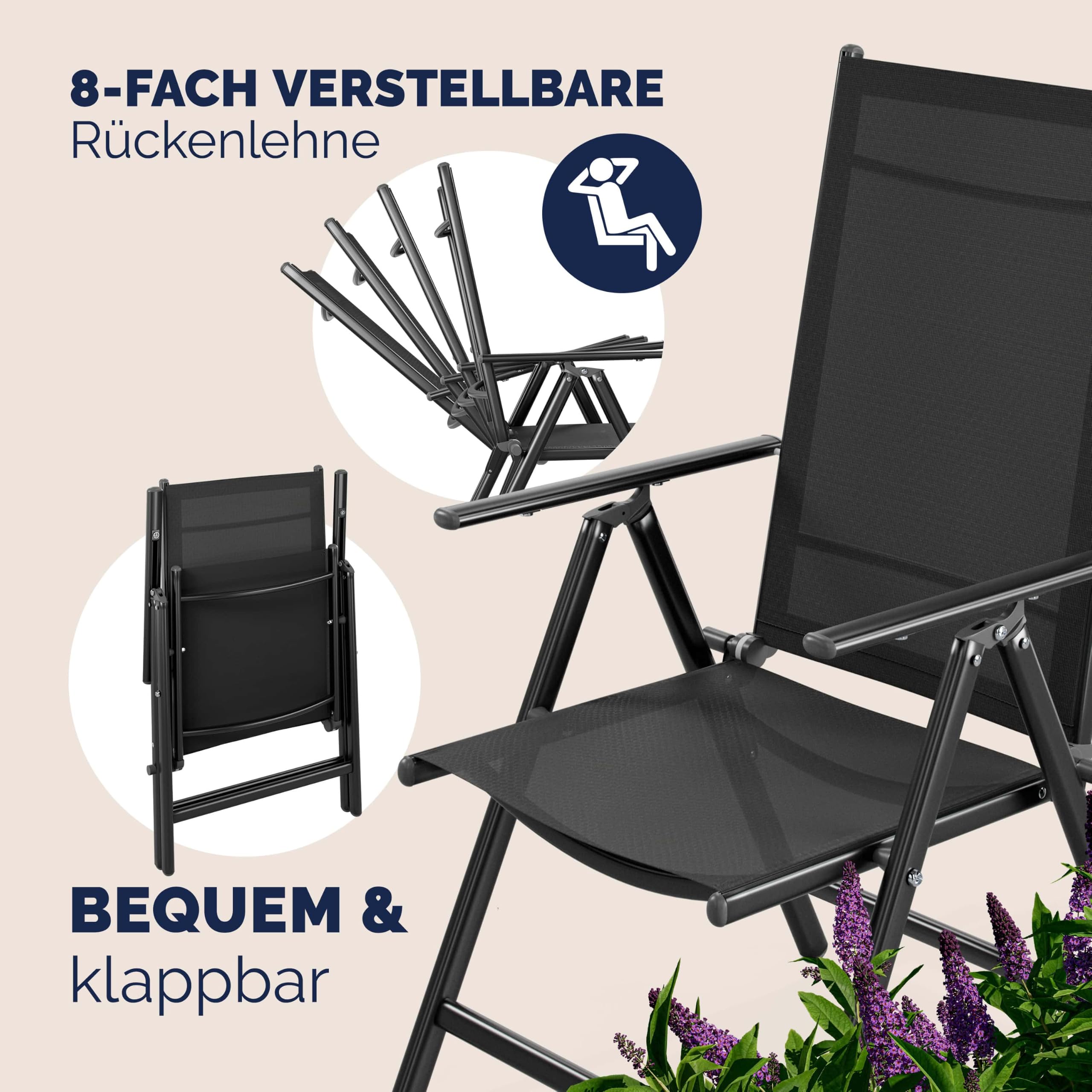 Casaria® Gartenmöbel Set 4 Stühle mit Tisch 90x90cm Aluminium Sicherheitsglas Wetterfest Klappbar Modern Terrasse Balkon Möbel Sitzgruppe Garnitur Bern