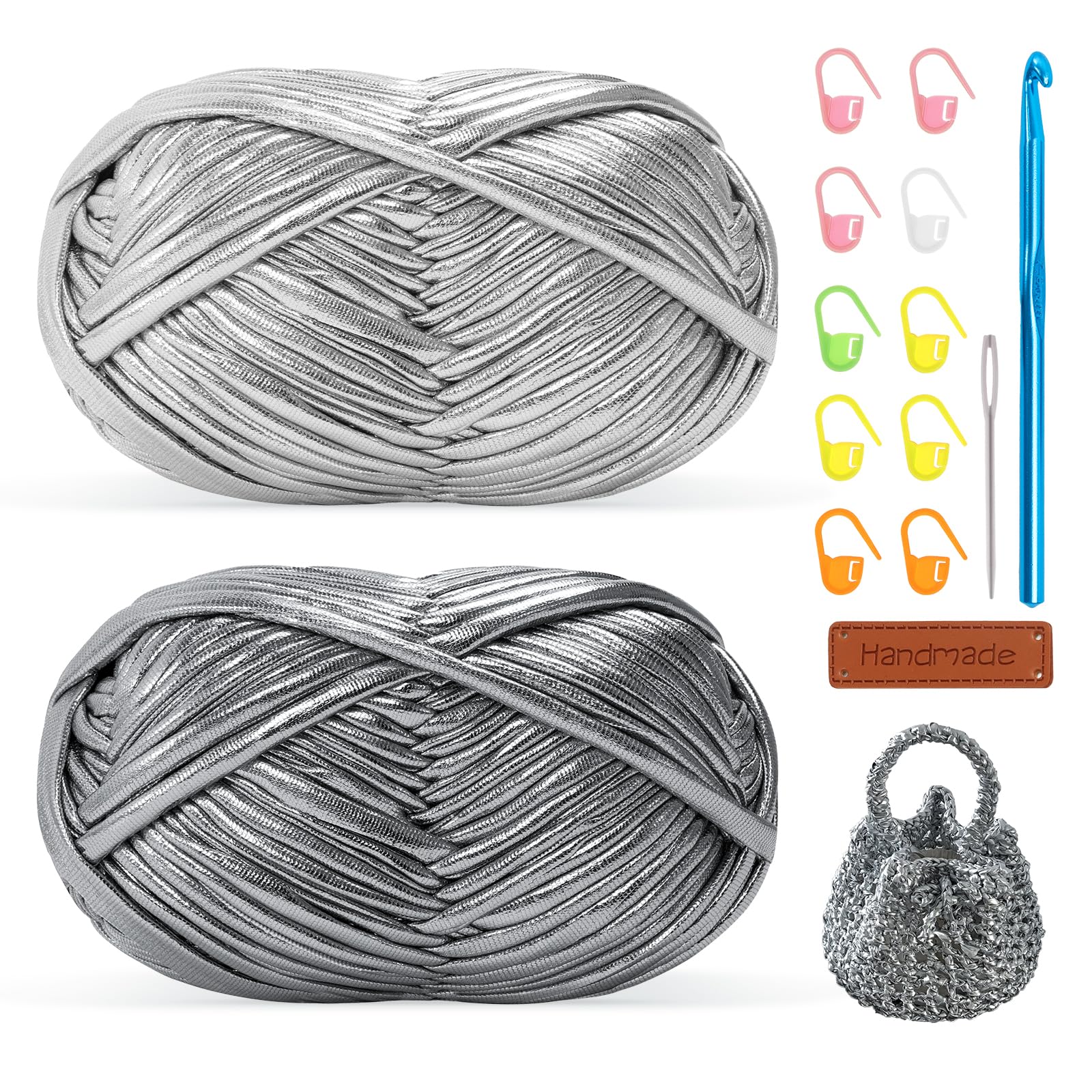 Metallic T-Shirt Yarn for Crocheting 2x100g Chunky Crochet Tshirt Yarn with 7mm Hook