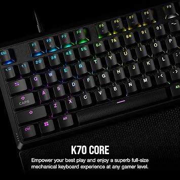 CORSAIR K70 CORE RGB Mechanical Wired Gaming Keyboard with Palmrest – Pre-Lubed MLX Red Linear Switches, SOCD, ABS Painted Keycaps, Sound Dampening, Media Control Dial, QWERTY UK – Black