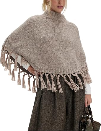 Women Tassel Poncho Sweater Mock Neck Fringed Hem Shawl Y2k Vintage Asymmetrical Pullover Cape Shrug Knitwear