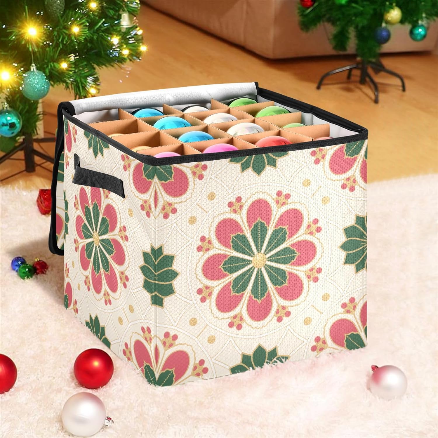 High Capacity Christmas ornament storage bag Holds Up to 64, Adjustable Dividers sturdy Holiday Storage Case with Lid,Merry Christmas Flower Red and Green