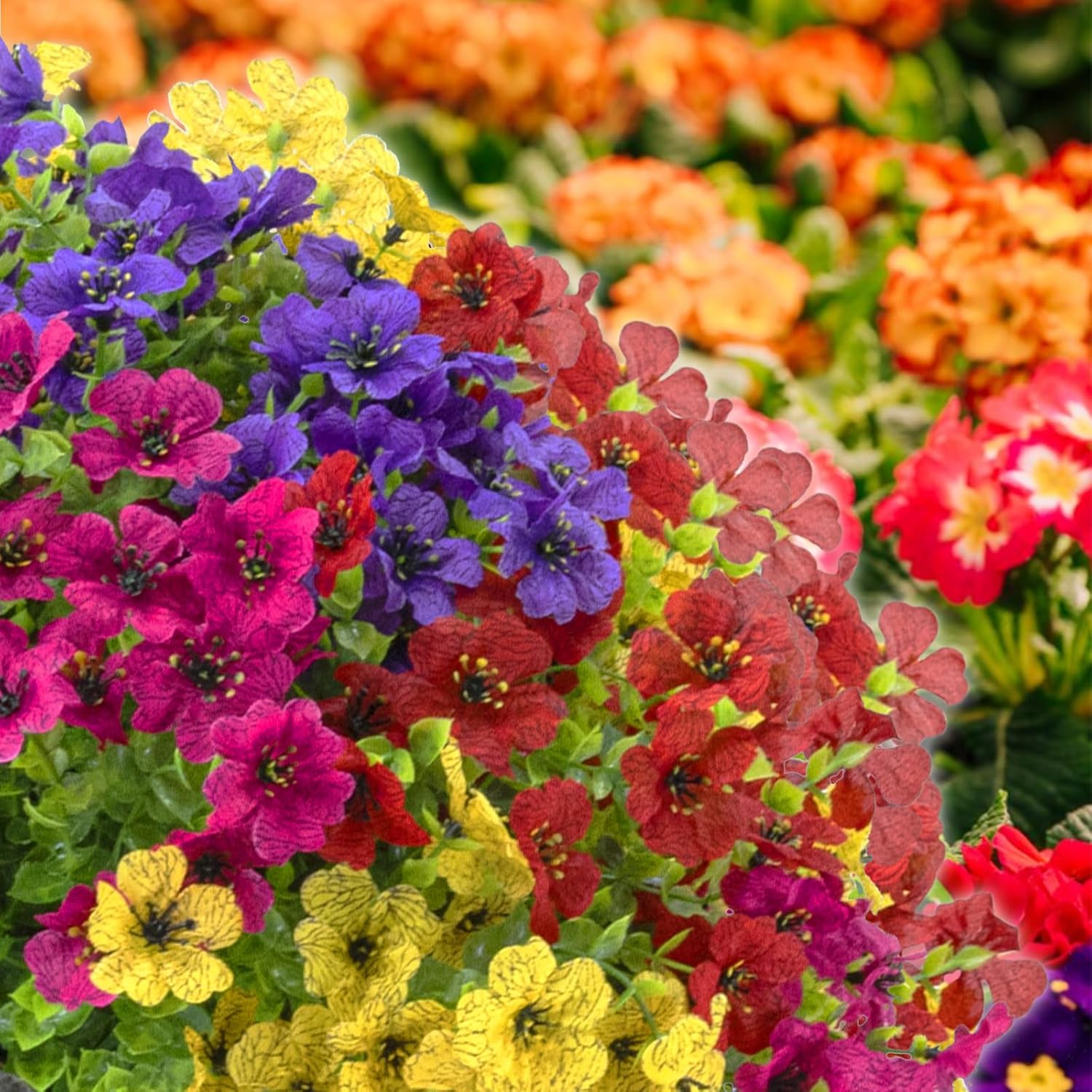 18 Bundles Artificial Flowers for Outdoors, Faux Violet Silk Spring Plants, UV Resistant for Porch Window Box Hanging Flower Pots Vases Farmhouse Decoration (Purple, Yellow, Red, Magenta)