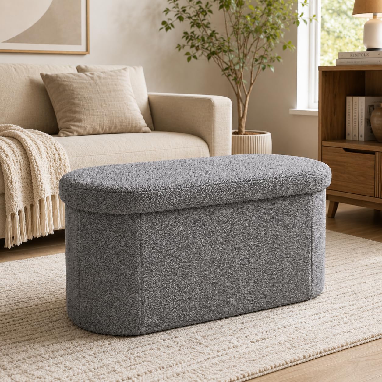 Ottoman with Storage | Ottoman Bench with Storage — Boucle Upholstered Stool with Storage Box | 2 Seater Sofa Footrest Toy Chest Shoe Bench Seat Organiser | Living Room Bedroom -Grey-image-38