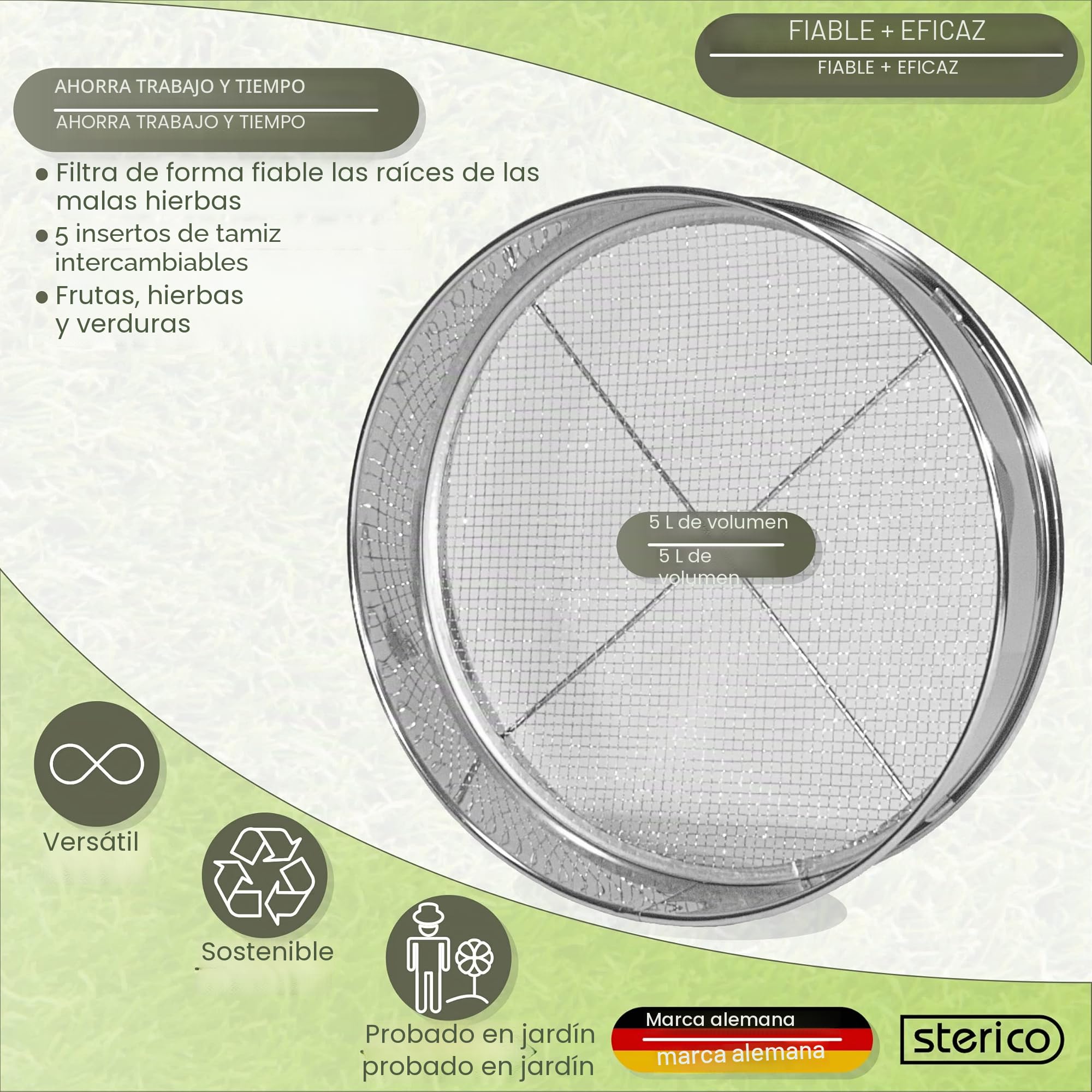 Siebmeister 5000, tamiz de jardín 5 en 1, 5 filtros intercambiables de Ø 3, 5, 8, 10 y 12 mm, para tierra, piedras, malas hierbas, arena y semillas, 30 cm de diámetro, metal, resistente a la oxidación