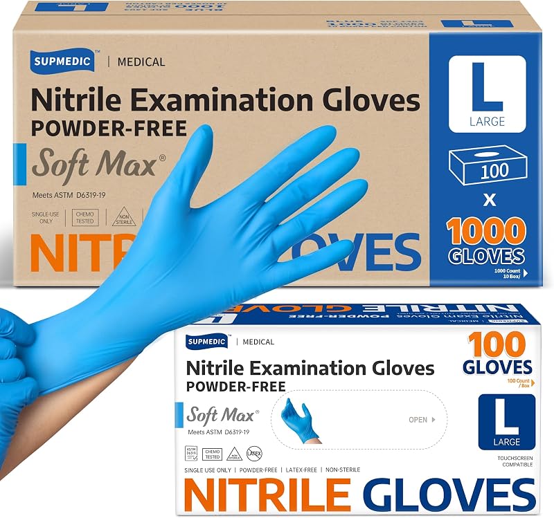 Medical Soft Max Nitrile Exam Disposable Gloves Powder-Free 1000Ct | Soft Stretch Fit • Powder-Free • Latex-Free • Examination • Cooking • Cleaning· Food Prep • 1000 Count • Blue