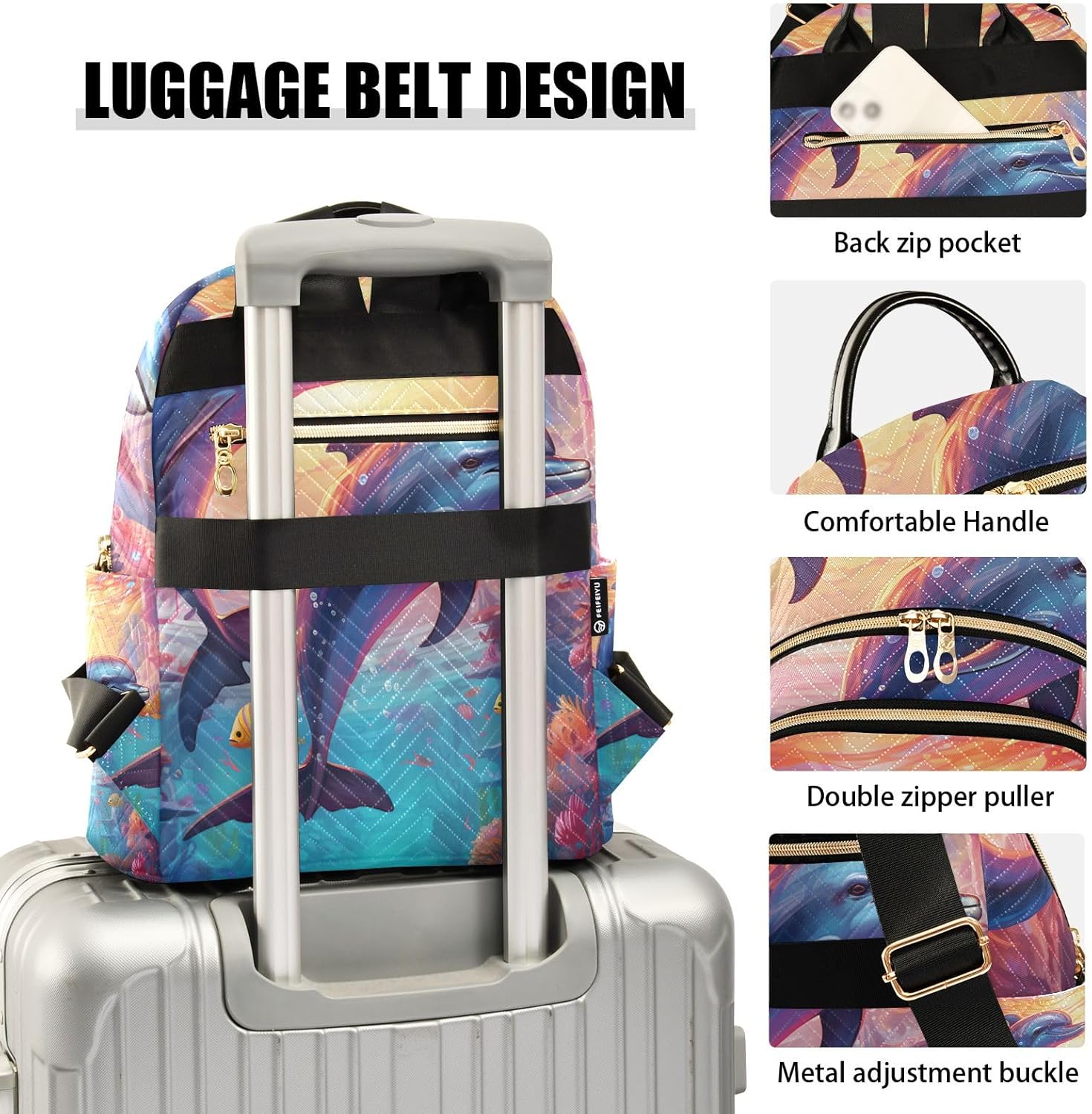 Small Backpack Purse for Women, Dolphins Travel Bag Casual Daypack Shoulder Bag
