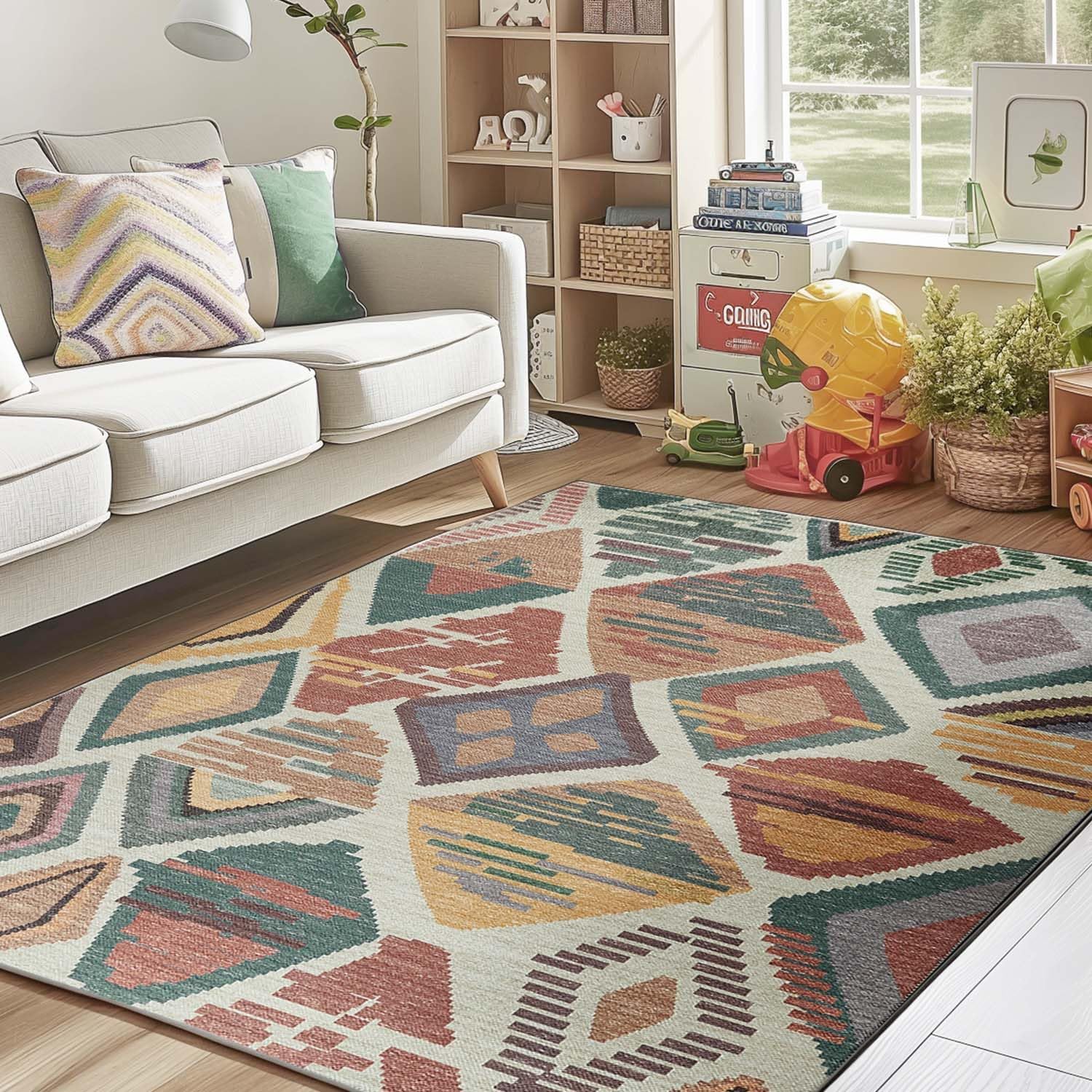 jinchan 5x7 Boho Area Rug Moroccan Geometric Rug Faux Jute Abstract Indoor Washable Mat Anti Slip Colorful Modern Carpet for Living Room Bedroom Kitchen Bathroom Laundry Room Boho Blue