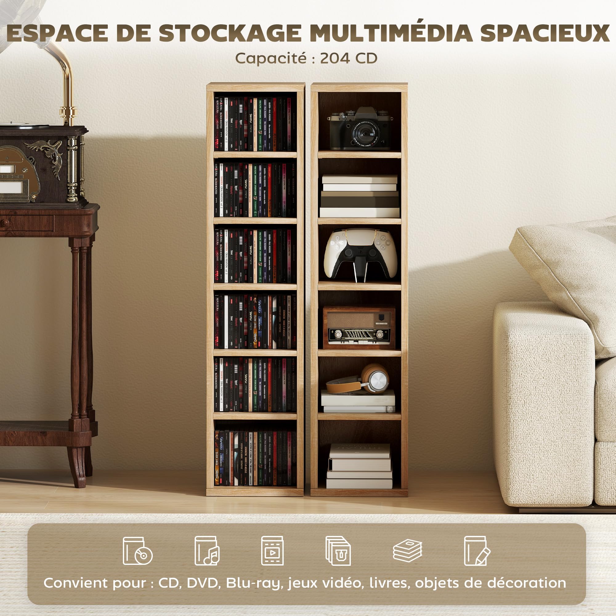 HOMCOM 2er-Set Regalsäulenschrank CD-DVD-Aufbewahrungsschrank 6 + 6 Fächer 21 x 22,5 x 88,5 cm max. Kapazität 204 CDs Eiche