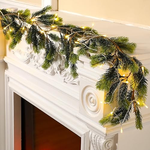 Miniatura 7 de Glitinsel Guirnalda de pino artificial de Navidad de 6 pies con luces, guirnalda de pino de cedro de invierno para Navidad, vacaciones, temporada de