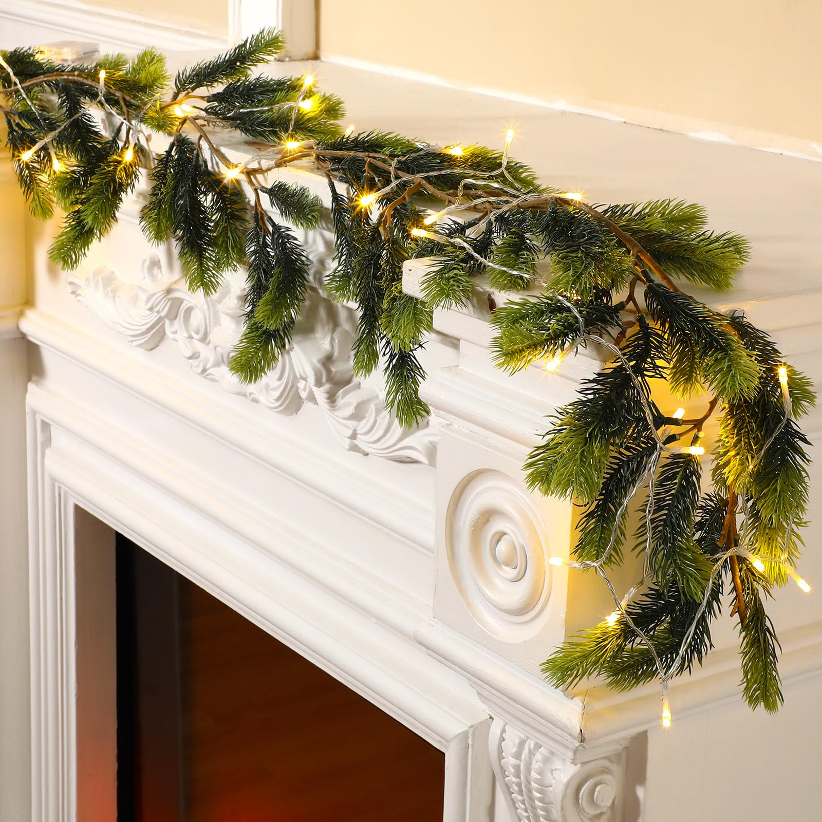 Glitinsel 6 ft Christmas Garland Cedar With Lights Artificial Pine Garland Holiday Winter Table Runner for Christmas Stair Decoration Fireplace Centerpiece Background Decoration