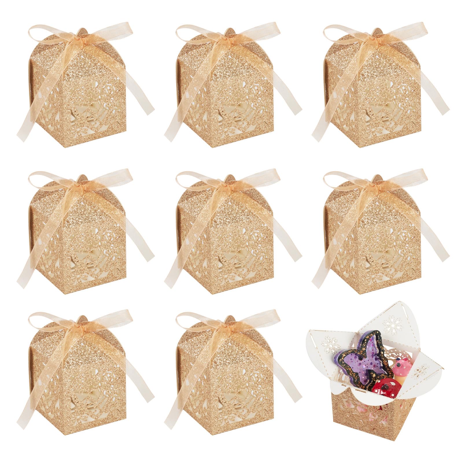 Boutigem 10Pcs Hollow Out Candy Party Favor Boxes 5x5x8cm Laser Cut Rectangle Paper Present Boxes with Ribbon for Wedding Birthday, Goldenrod