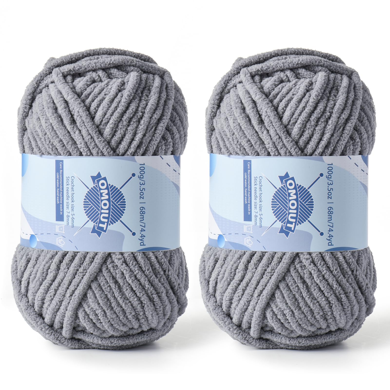 2 Pack Chunky Chenille Yarn for Crocheting, Baby Yarn for Crocheting Soft Blankets, Bulky Yarns for Crochet Amigurumi, 200g (148.7yds) Fluffy Velvet Yarns for Hand Knitting (2 Light Gray)