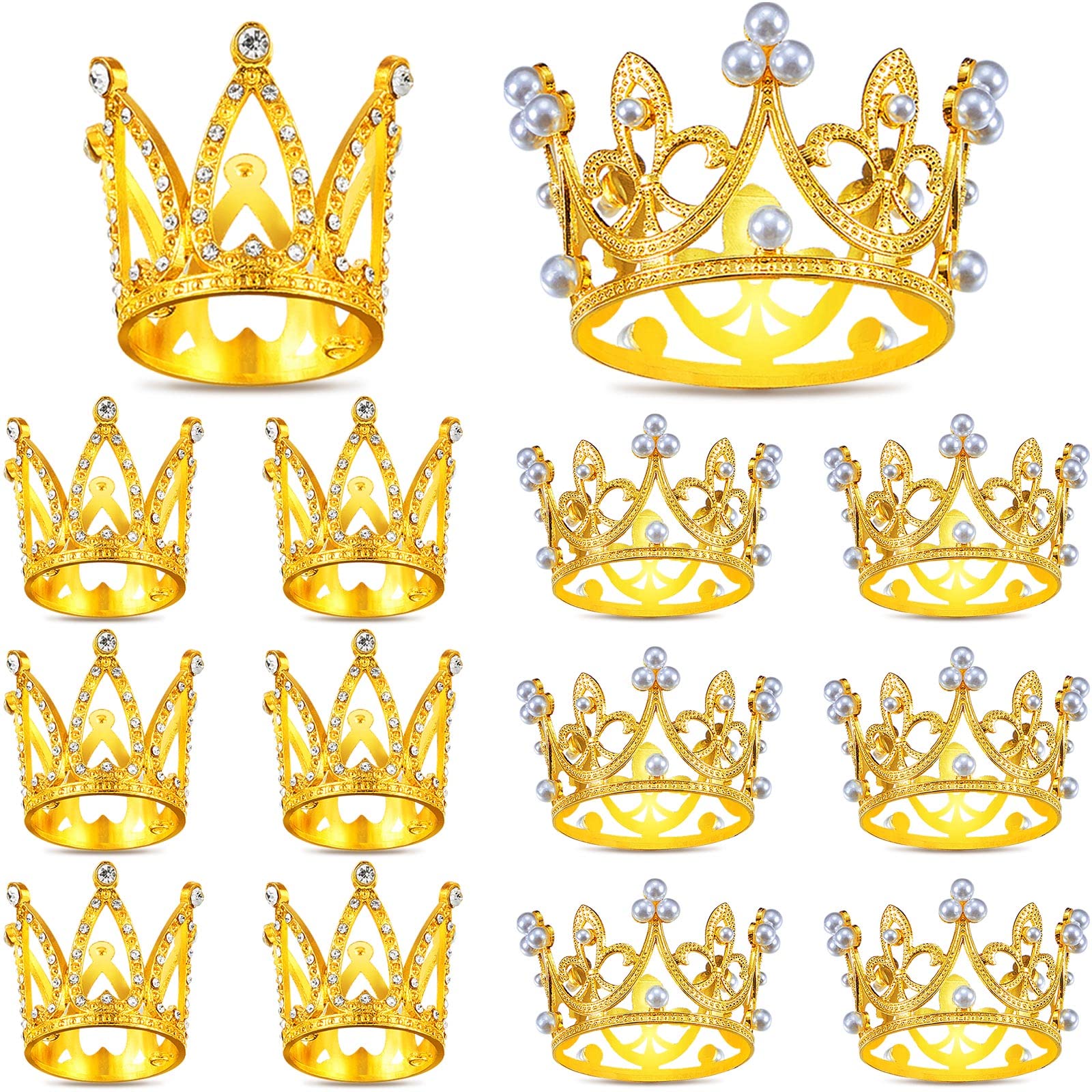 14 Pcs Crown Cake Topper Mini Tiara Birthday Cake Toppers Crystal Pearl Vintage Wedding Cake Crown Topper Gold Small Princess Headpiece for Birthday Party Wedding Baby Shower Cake Decoration