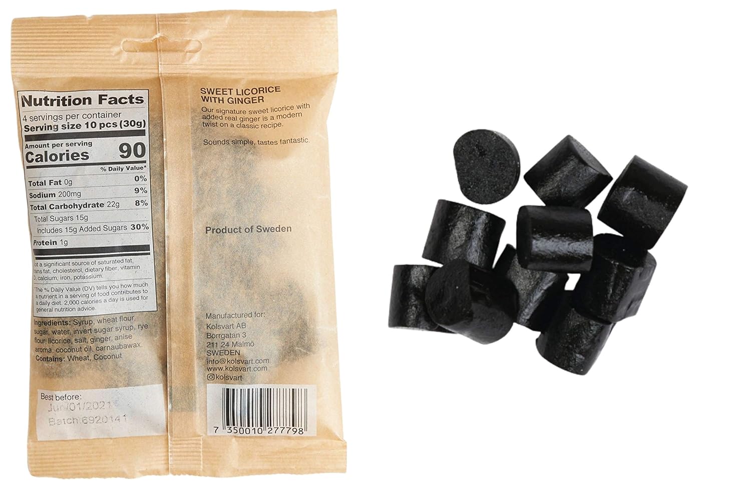 Kolsvart Sweet Licorice & Ginger Swedish Fish Candy 4.2 ounce (Pack of 5)