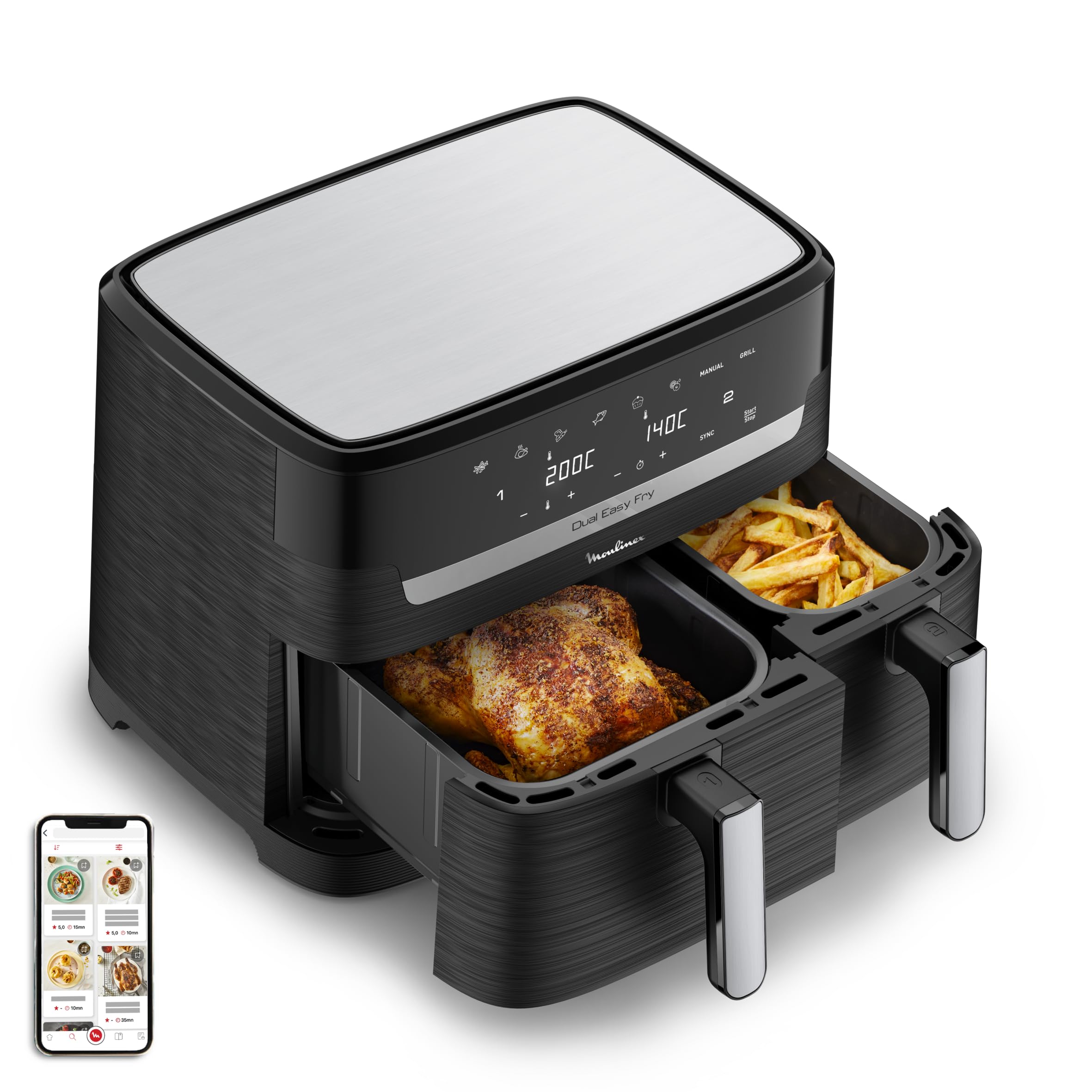 Moulinex Easy Fry Dual YY5545FB - Freidora sin aceite, 8,3 l, 2 cajones, 7 programas, Air Fryer, digital, libro de 20 recetas (idioma español no garantizado)