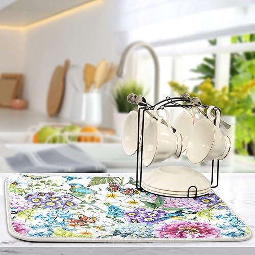Miniatura 5 de Tapete de secado de platos de pájaros florales para cocina, globo de primavera, margaritas, mariposas y flores, tapete de secado de microfibra