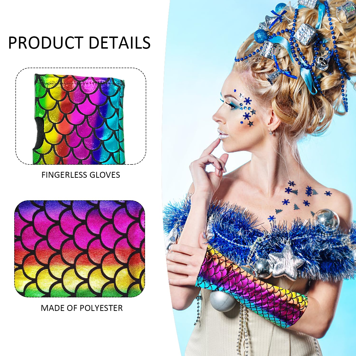 CYNOSURETECH 1 Pair of Mermaid Scale Gloves, Mermaid Costume for Women Fashionable Gloves, Fish Scale Arms, Mermaid Fingerless Sleeves - Image 3