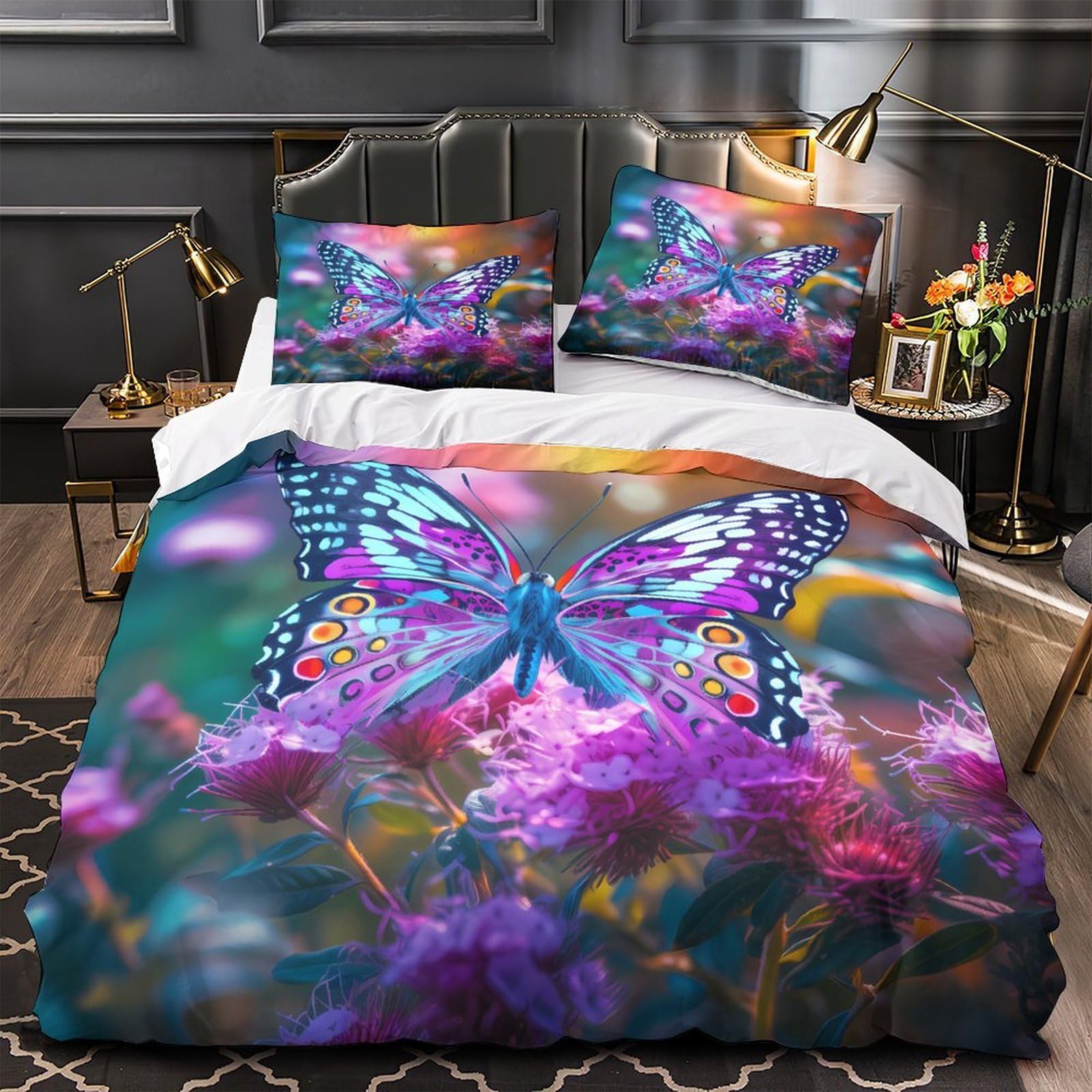 MMDASBVPE Butterfly Quilt Cover 3D Design Printed Luxurious 3 Pcs Bedding Set Zipper Colorful Nature Duvet Cover Super Soft Anti-allergic for Kids Adults Women Teens Youth King（220x240cm）