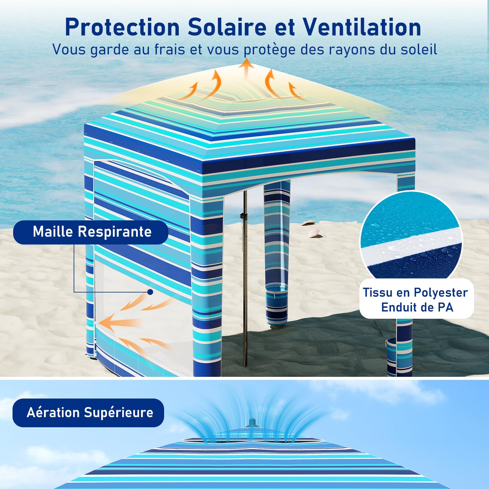 COSTWAY Tonnelle de Plage Pliable 185 x 185 cm, Abri de Plage avec Parois Latérale Amovible, Hauteur Réglable, Poches à Sable, Tente à Auvent Sac de Transport, Protection UV 50+, Bleu