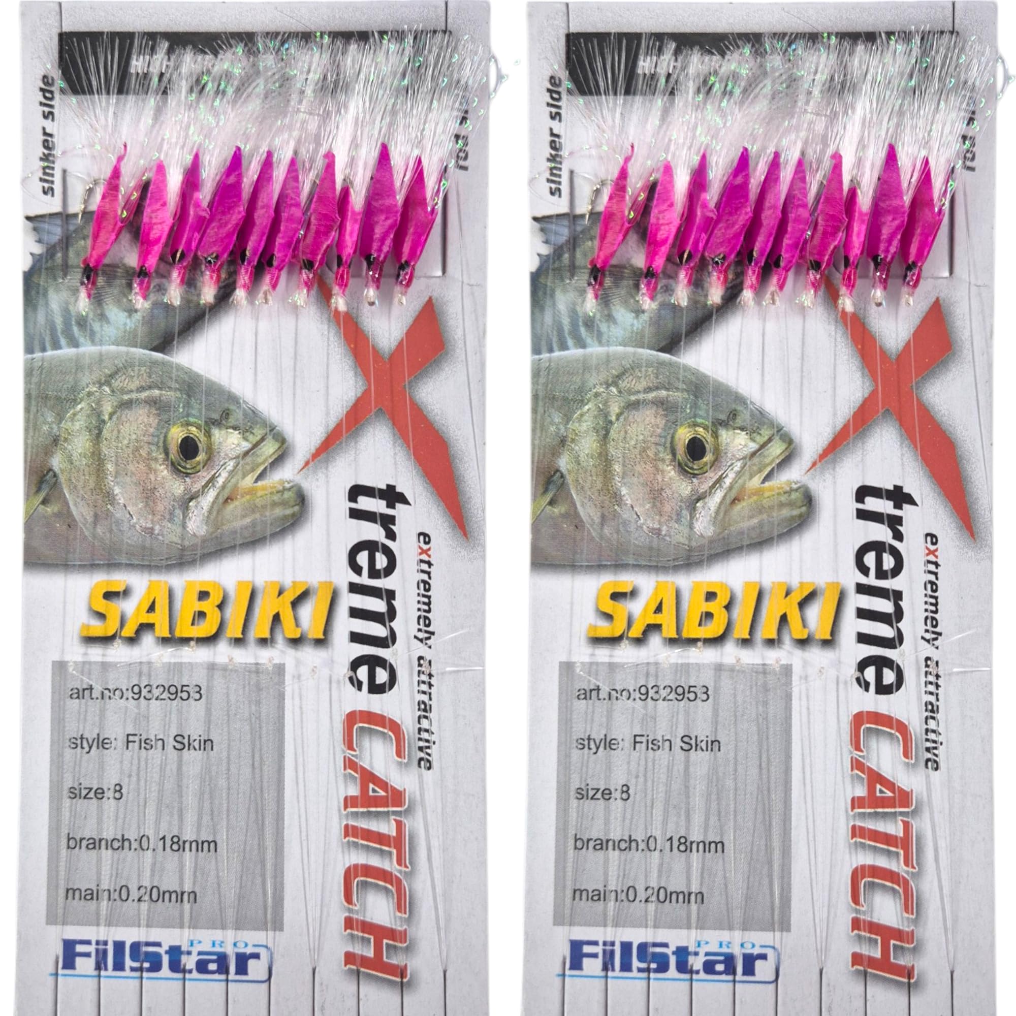 Set di 2 Sabiki Pelle di Pesce Rig - Set 10 Ami da Pesca N8 - Filo da Pesca Fluorocarbon DIA0,25mm - Fish Skin - Esche Artificiali - Esche da Pesca Mare per Sgombro - Pesca Accessori – Kit