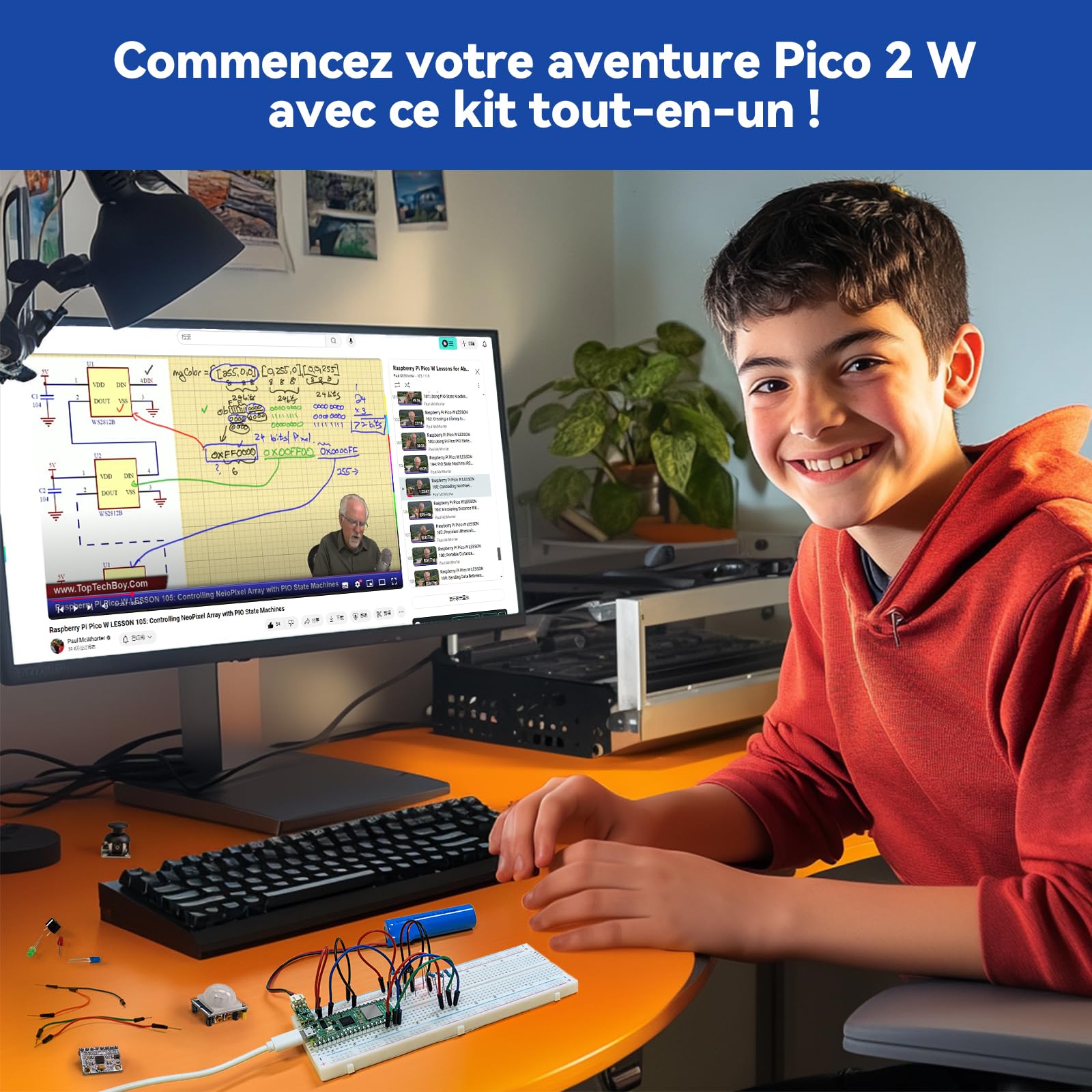 SunFounder Raspberry Pi Pico 2W Ultimate Starter Kit avec 110+Tutoriels Vidéo Cours en ligne, 96 Projets (16 Projets IoT), MicroPython, C++ (Compatible avec Arduino IDE)