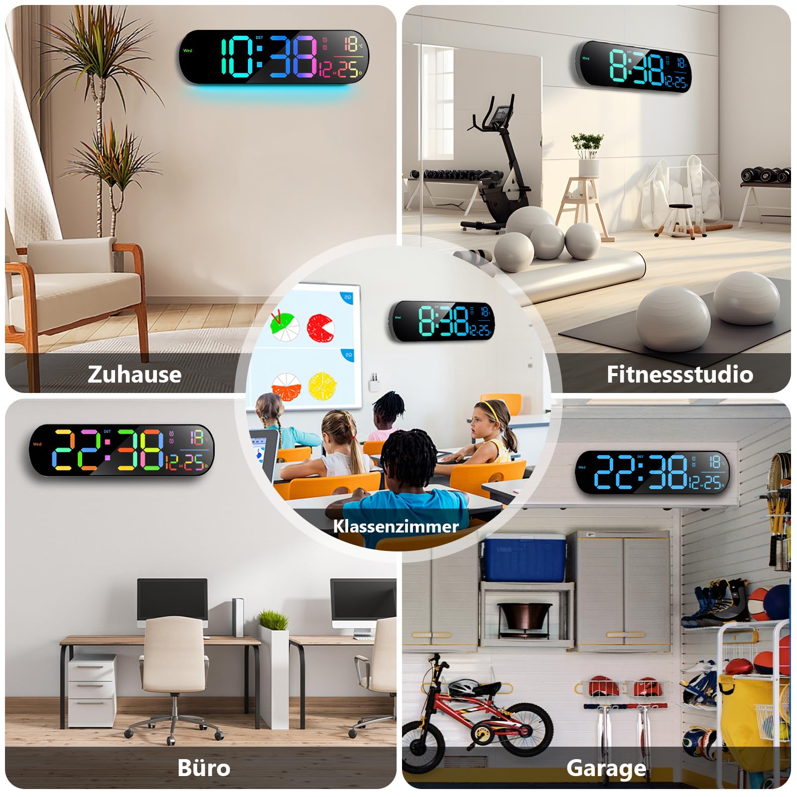 Grande horloge murale numérique de 30,5 cm avec compte à rebours, réveil, grande LED, 11 couleurs RVB, affichage de l'heure d'été et de la température pour salon, salle de classe, bureau, Noël et