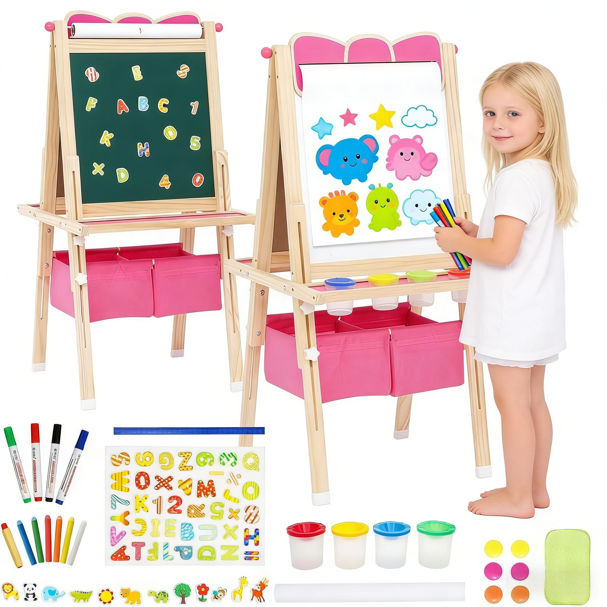 Lavagna per bambini, Lavagna con Cavalletto Bambini in legno, Disegno dell'arco regolabile in altezza, per bambini, con Rotolo di carta Giocattoli Educativi 3+ Anni (Rosa)
