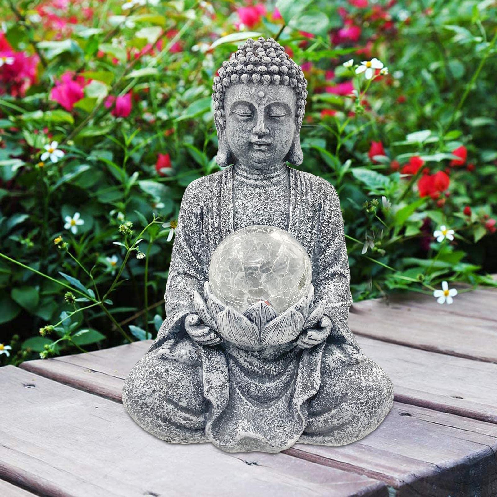 Yeomoo Statuetta di Buddha da meditazione, decorazione da giardino per esterni – Zen Buddha, grande con lampada solare, sfera di vetro, statuette regalo per mamma/donne, decorazione giapponese per