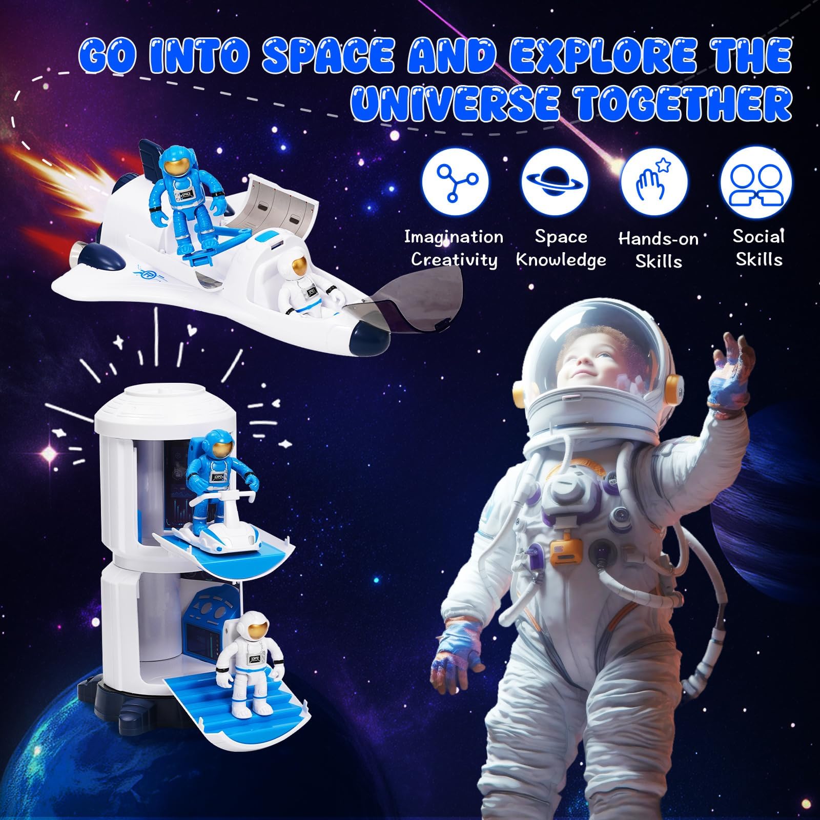 Jouet de navette spatiale pour enfants, jouet de vaisseau spatial avec effets lumineux et sonores, jouet spatial avec station spatiale, navette spatiale, rove spatiale et astronautes