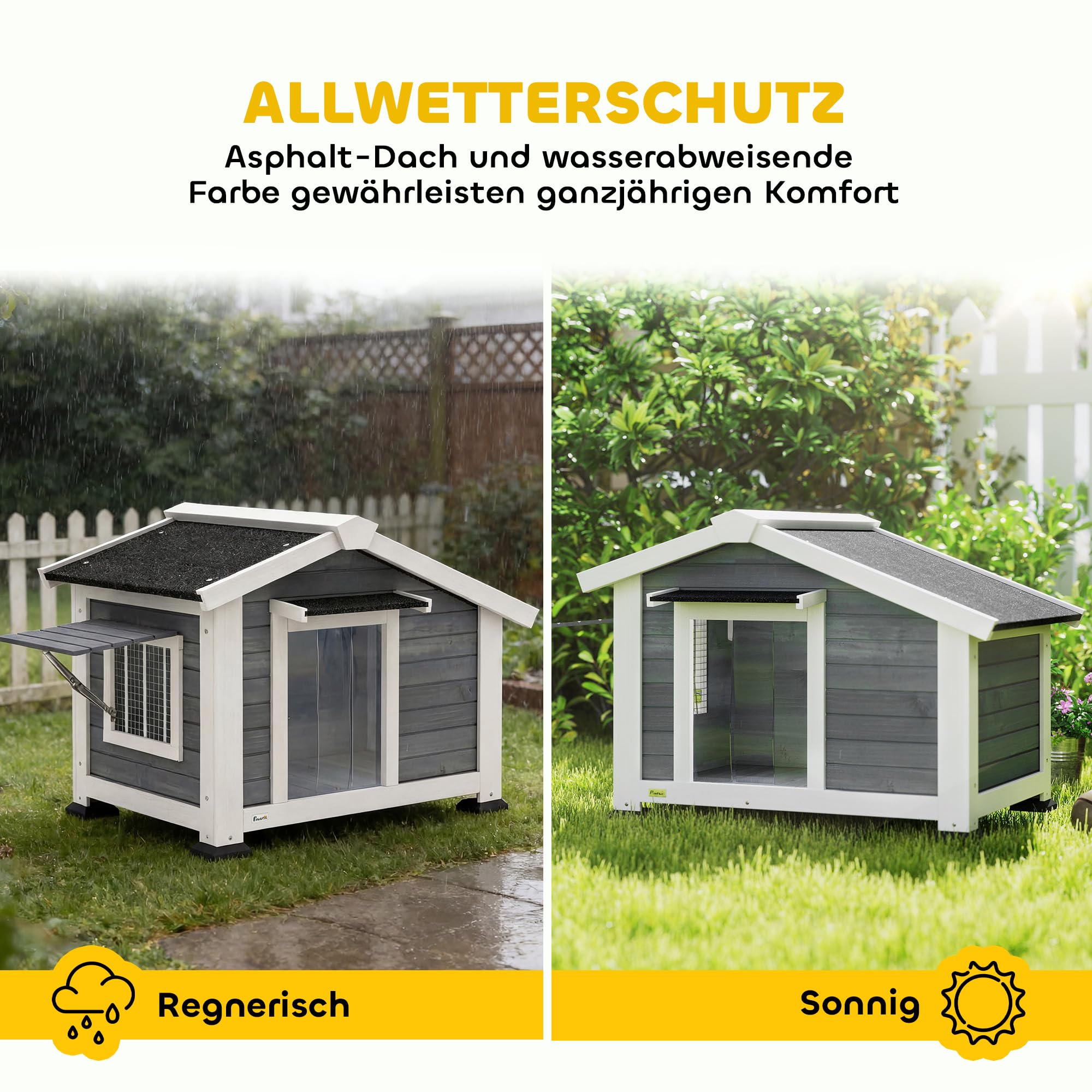 PawHut Hundehütte Wetterfest für Mittelgroße Hunde 98 x 76 x 69,5 cm Grau | Hundehaus aus Holz, Herausnehmbarer Boden, Asphaltdach, Öffnendes Fenster, Türvorhang, bis 20 kg, Indoor Outdoor