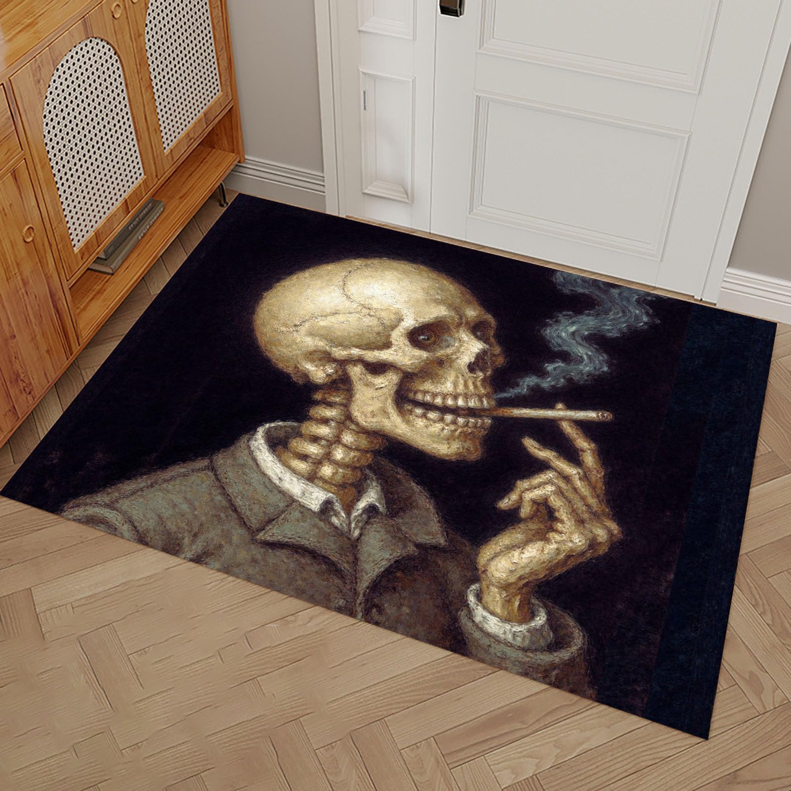 Tapis entrée intérieur antidérapant et lavable motif crâne noir