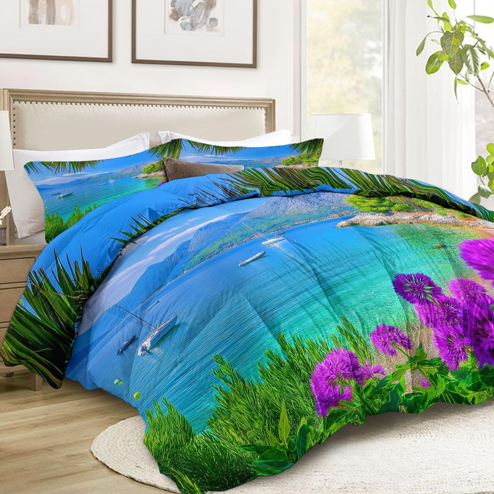 Generico Zimowa kołdra puchowa 140 x 200 cm, morze śródziemnomorskie, kwiaty palmowe, koc z tworzywa sztucznego 400 g/m², ciepła i stylowa, antyalergiczna i oddychająca pościel - 3-częściowy zestaw