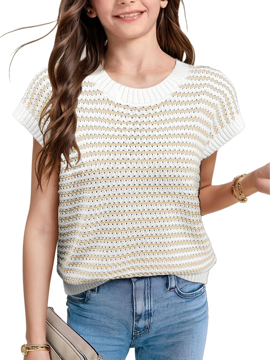 Girls 2026 Spring Summer Crop Tops Sweater Vest Striped Cap Sleeve Round Neck Casual Clothes Knit Pullover School Outfits