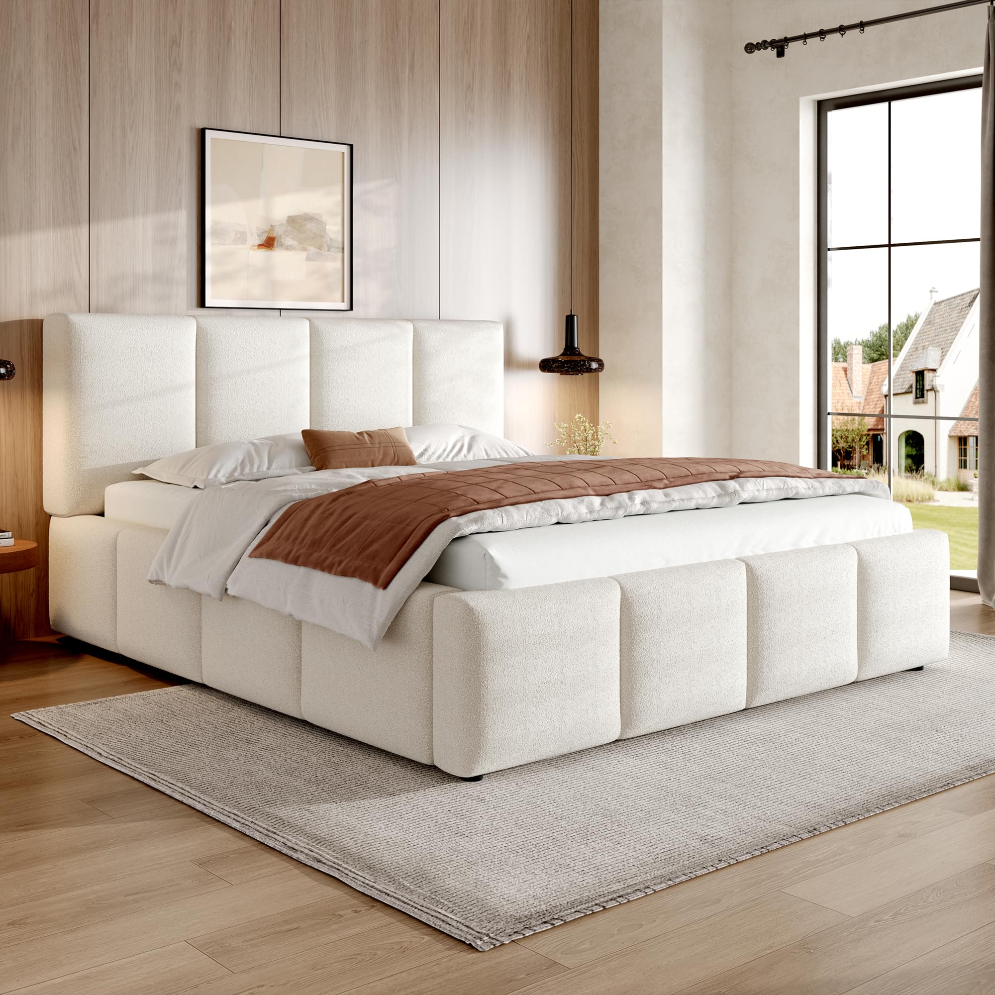 Letto imbottito160 x 200 cm, letto matrimoniale con rete a doghe, testiera, testiera imbottita, bouclé beige(Senza Materasso)