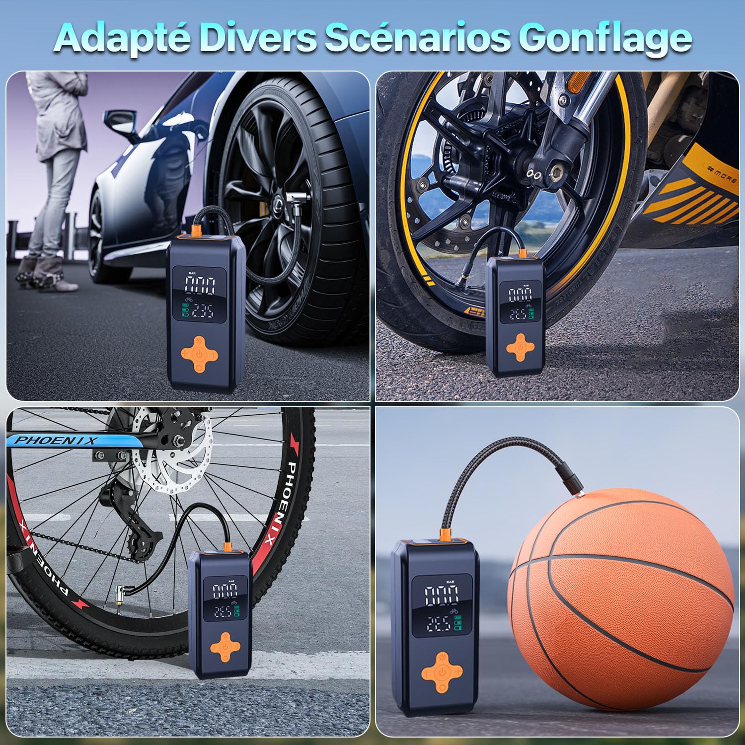 Gonfleur Pneus Voiture, Compresseur à Air Portatif 12 V CC, Compresseur Voiture De 150 psi et Lumière LED Numérique, Gonfleur Pneu Voiture a Electrique Rechargeable USB-C, pour Voiture, Vélo, Moto
