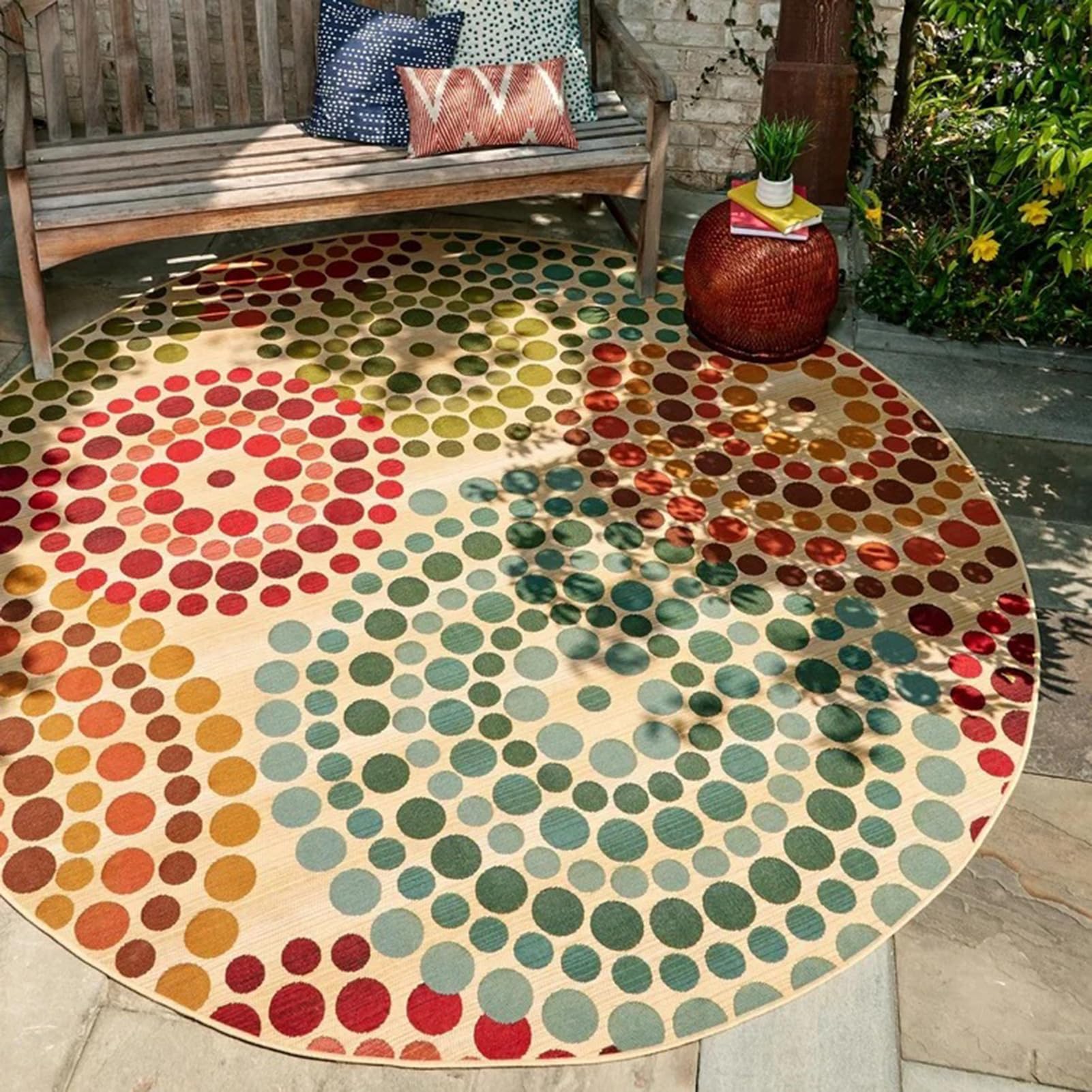 HGTRH 4 Ft Round Outdoor Rug, Multicolor Polka Dots, Waterproof, Non-Slip, Fade Resistant, Modern Luxury, 40cm