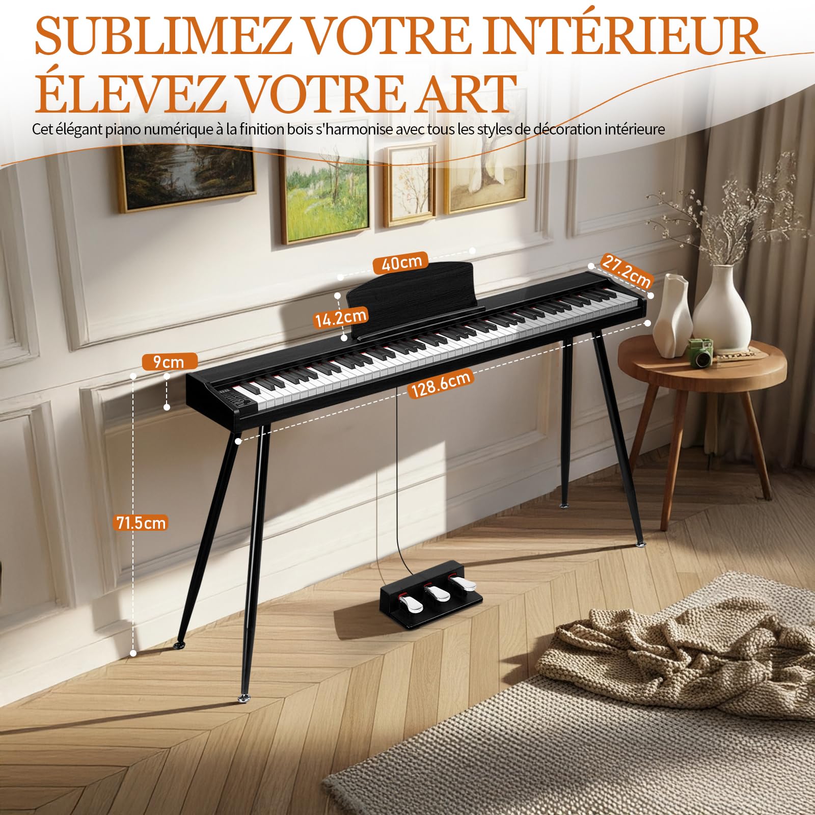 LEADZM Piano Numérique 88 Touches avec Support en Métal, Clavier Piano Semi-Lesté, Piano Electrique avec 3 Pédales, Adapté aux Débutants (Noir)