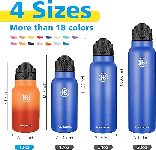 Miniatura 2 de Han's Bottle Botella de agua para niños con tapa con pajilla, vaso reutilizable de acero inoxidable aislado para niñas, niños, taza térmica, 12