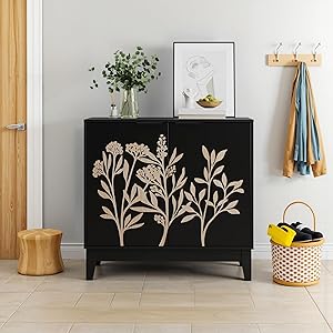 Armario buffet vintage con tallado en flores, aparador decorativo de MDF con 2 puertas y estantes ajustables, armario de madera con espacio de almacenamiento para salón, comedor y cocina, color negro