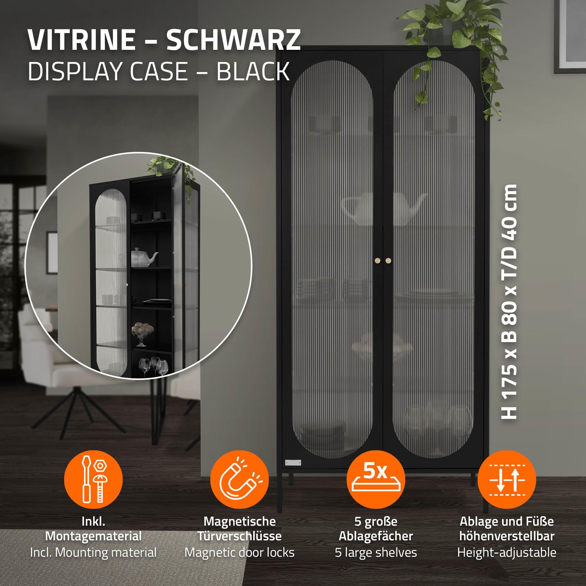 ML-Design Vitrinenschrank 80x175x40 cm, Schwarz, Vitrine mit 5 Ablage-/Regalfächer, 2 Türen, Wohnzimmer Metallschrank aus Stahl, Industrieller Stil, Hochschrank Bücherschrank Aktenschrank Standschrank