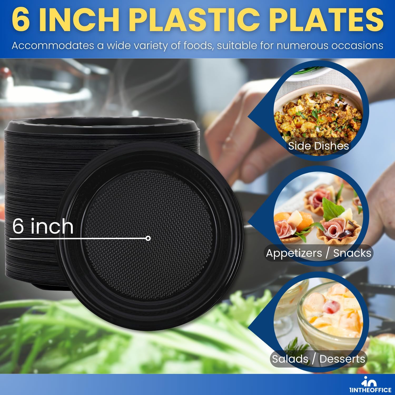 Black Plastic 6 Inch Round Dessert Plates, Disposable, Pack of 125