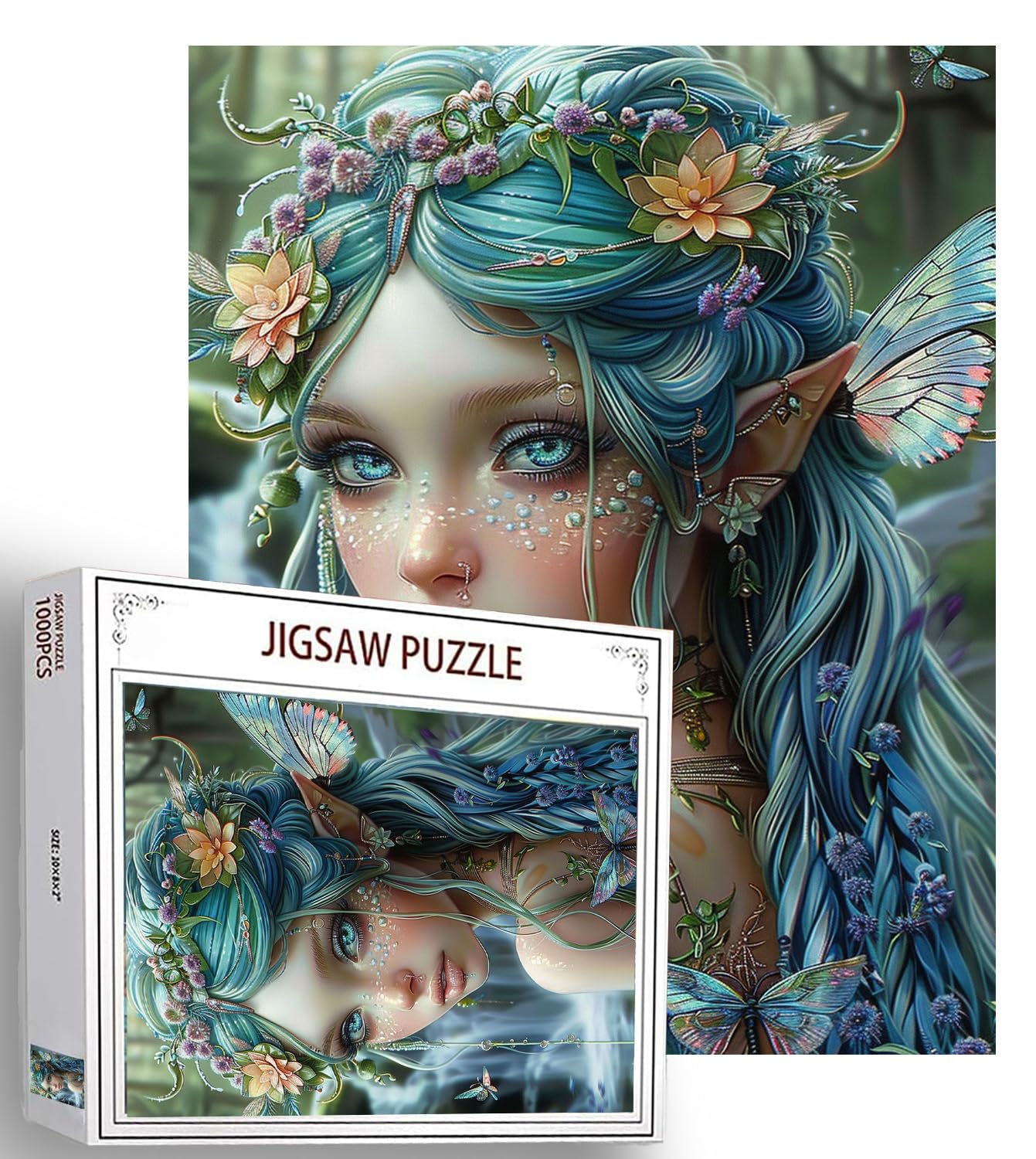 Blue Hair Elf Girl Jigsaw Puzzle for Beginners Adults 1000 Pieces Beautiful Girl Portrait Jigsaw Puzzles 27.56 x 19.69 Inch Colorful DIY Puzzles for Party Time,Home Decoration Present