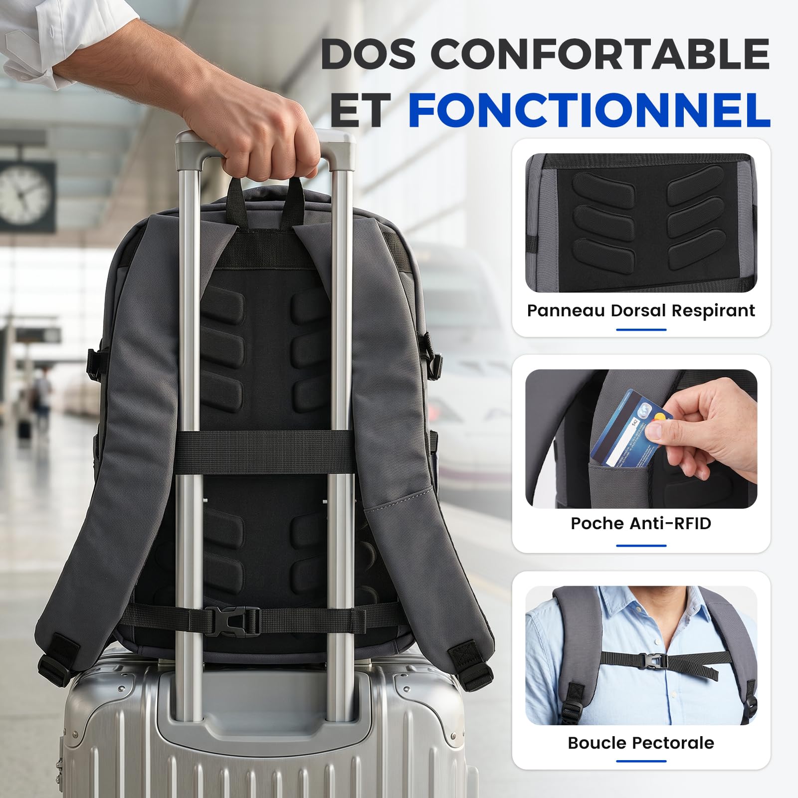 MATEIN Sac à Dos Ordinateur Portable 15.6 Pouces, Sac a Dos Homme Travail | Sac a Dos Antivol Imperméable avec Poches Accessoires, Serrure TSA, Sac a Dos PC Portable pour Travail, Voyage, Cadeau, Gris